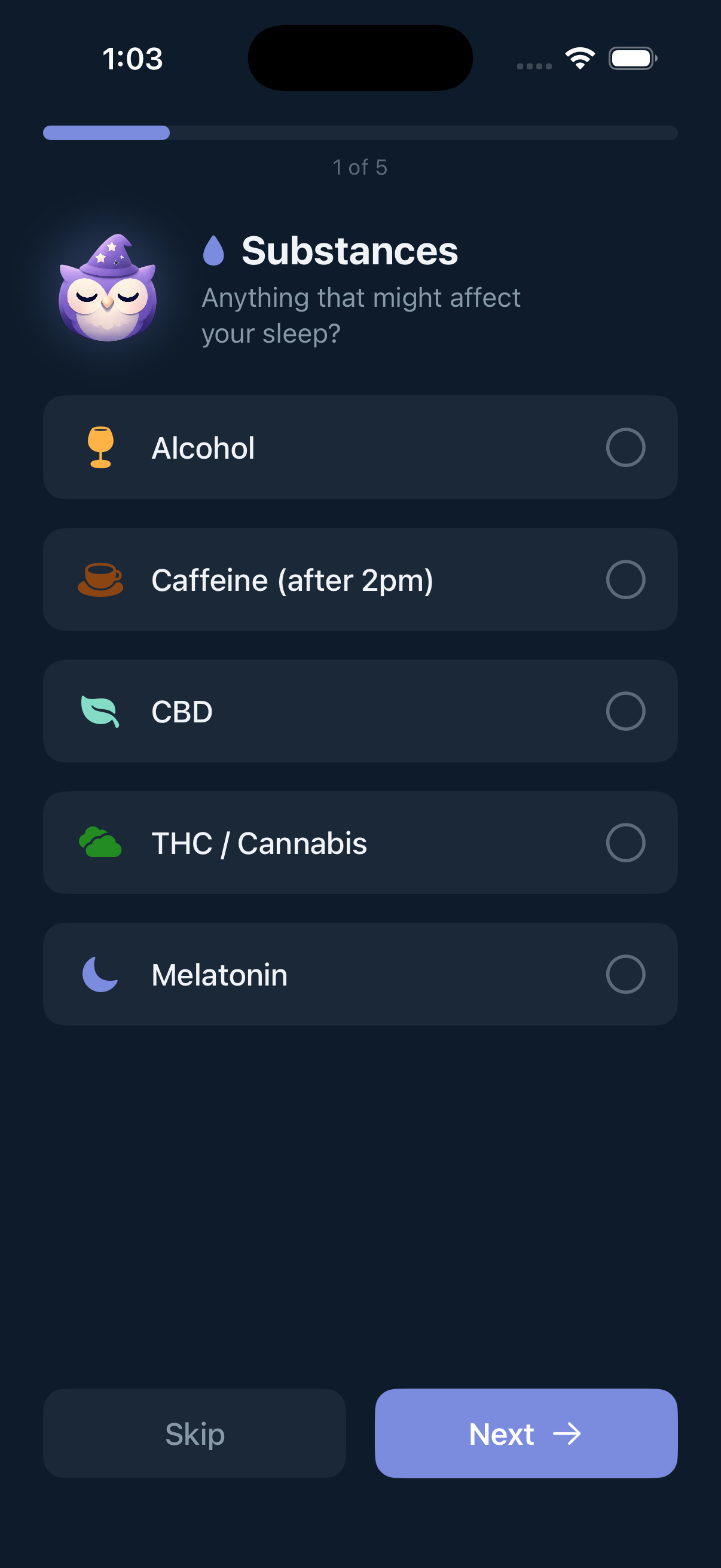 Check-in screen showing substance logging